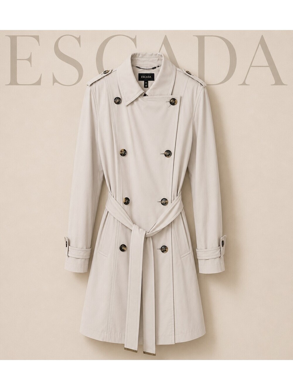 ESCADA Women's Belted Trench Coat Beige Taupe Size 46 Long Designer Coat